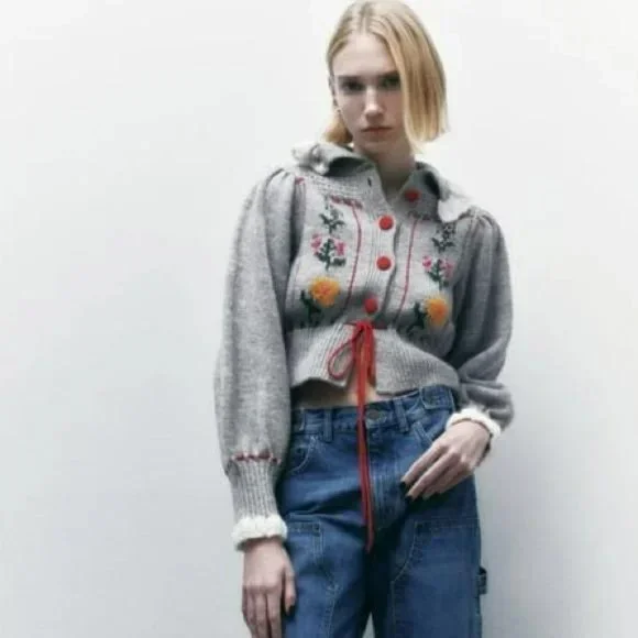 ZARA JACQUARD COLLARED FLORAL KNIT CARDIGAN - Picture 3 of 3